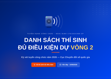 Thông báo triệu tập thí sinh đủ điều kiện, tiêu chuẩn dự Vòng 2 kỳ xét tuyển công chức năm 2026 của Cục Chuyển đổi số quốc gia theo Nghị định số 179/2024/NĐ-CP